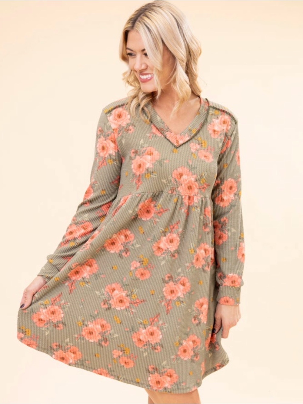Heimish Floral V-Neck Long Sleeve Swing Dress - Olive with Peach Blossoms Sz L